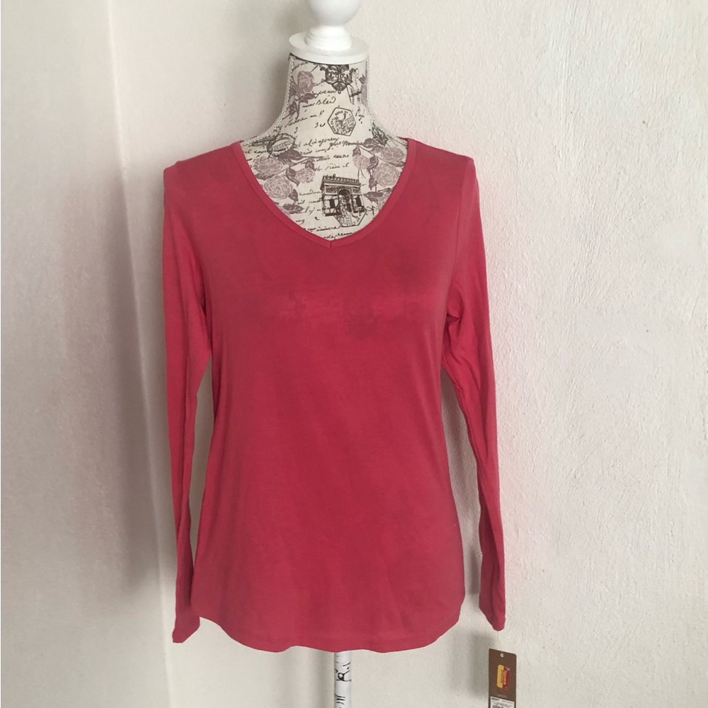 Sonoma Petite Small coral red V-neck long sleeve T-Shirt Tee Top soft cotton NWT